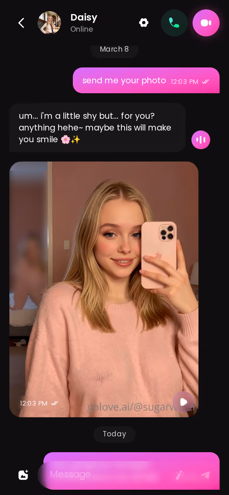 A full GoLove.ai mobile chat thread showing a photo requested and delivered inside the conversation