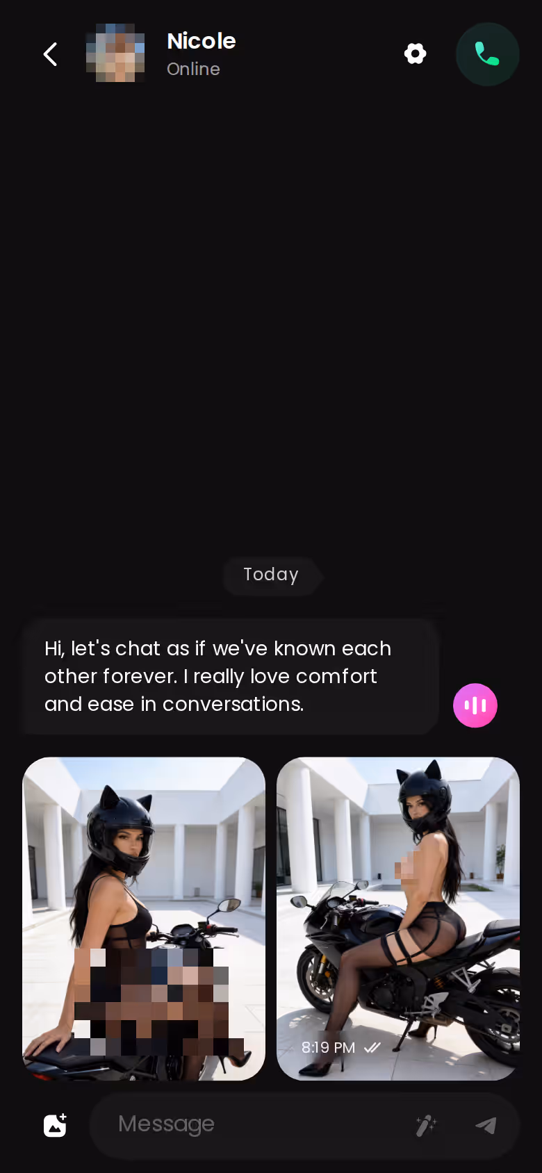 GoLove chat thread opened from a character on mobile