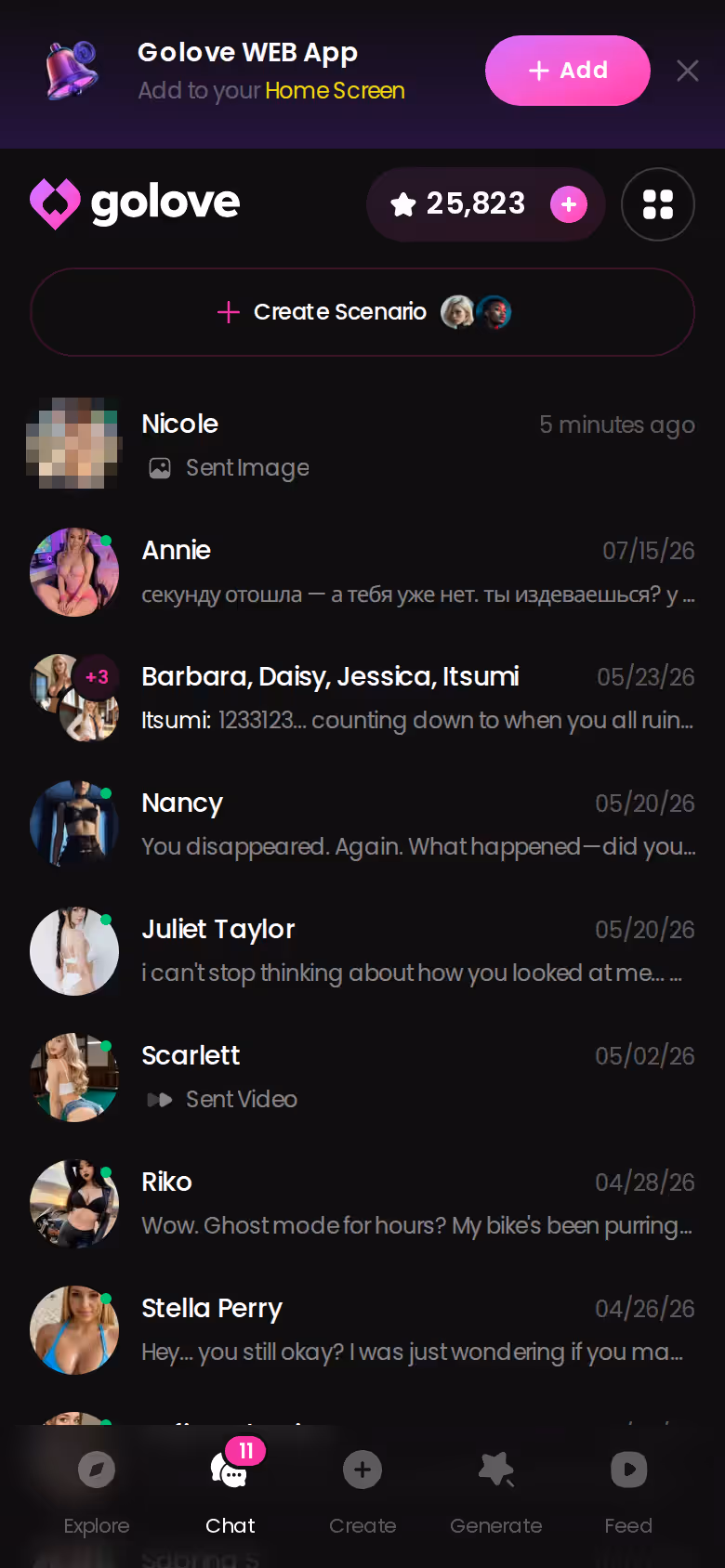 GoLove.ai mobile chats list where each AI girlfriend keeps her own separate conversation thread