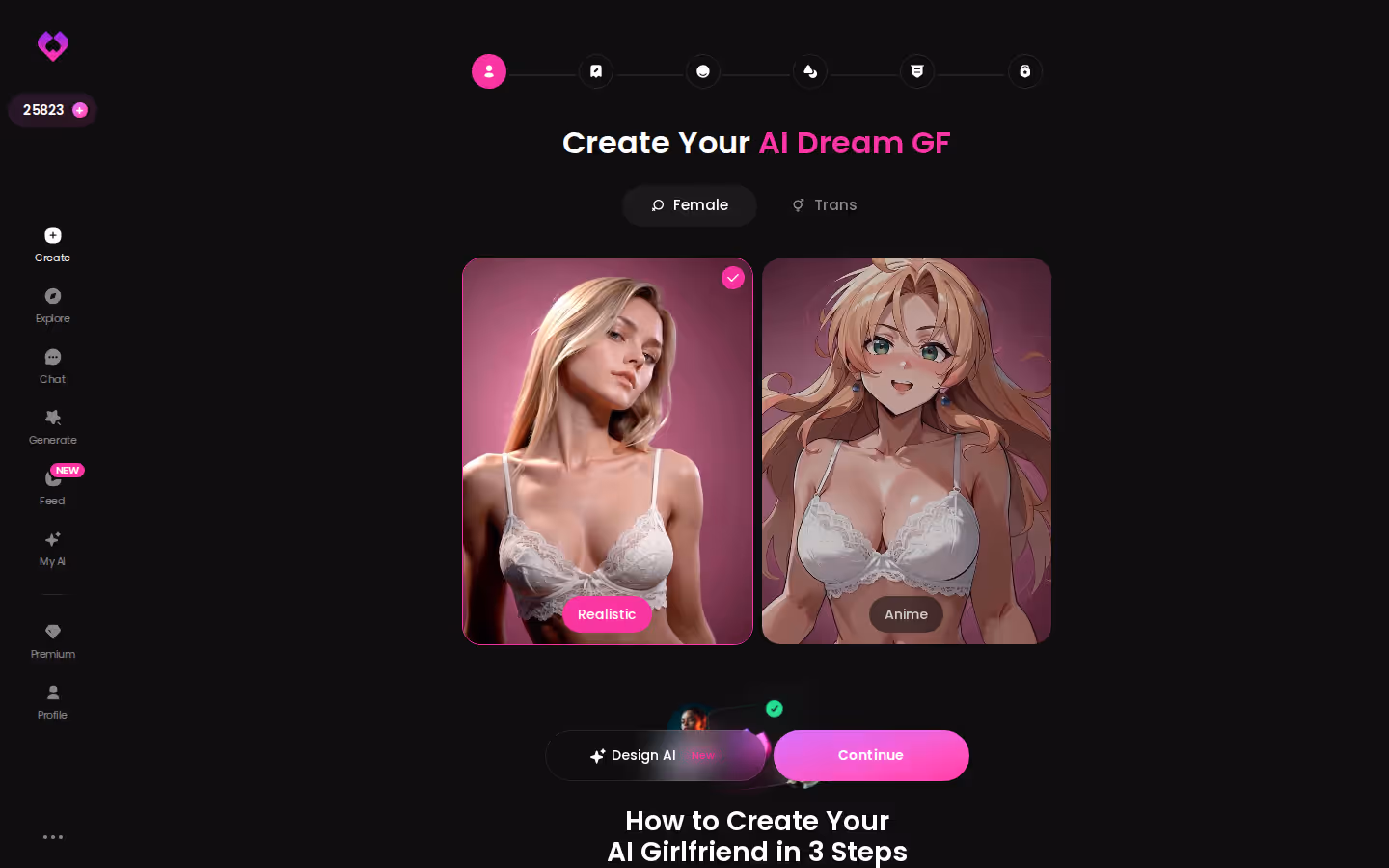 GoLove.ai Create wizard with Realistic, Anime and Trans cards plus Design with AI