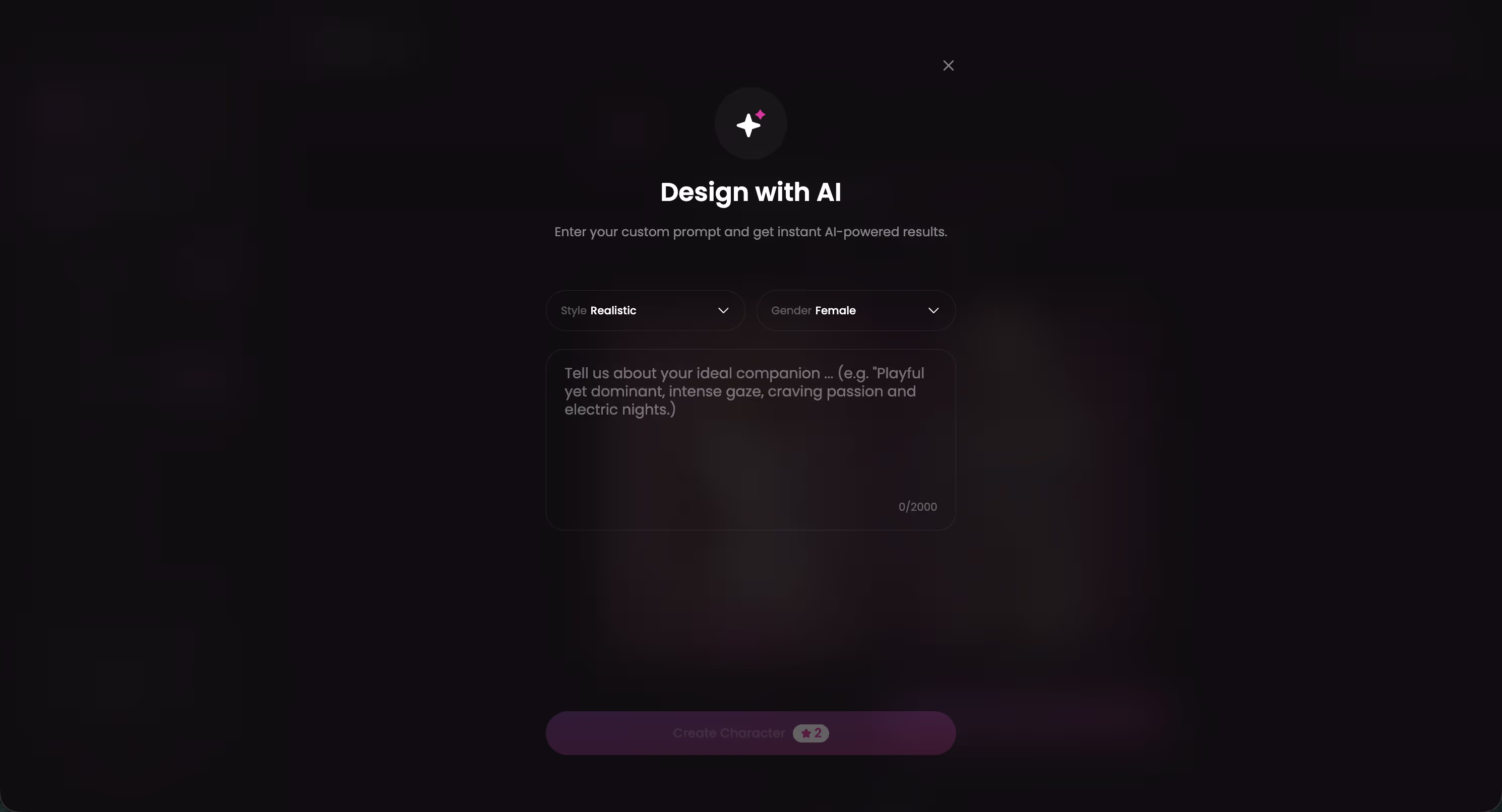 Design with AI — describe a custom AI character in text — joi ai companion review