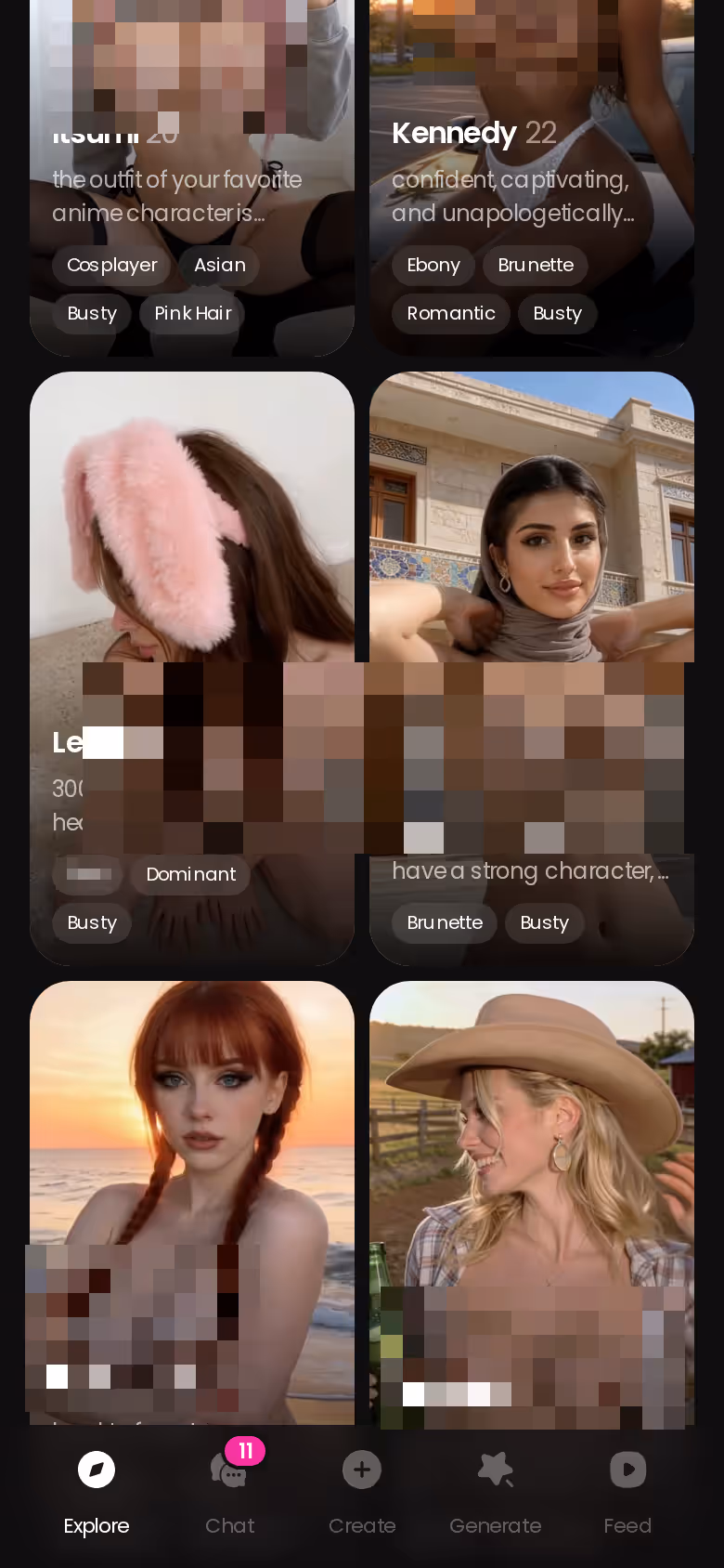 GoLove's mobile Explore grid, where you choose the cast for a Scenario