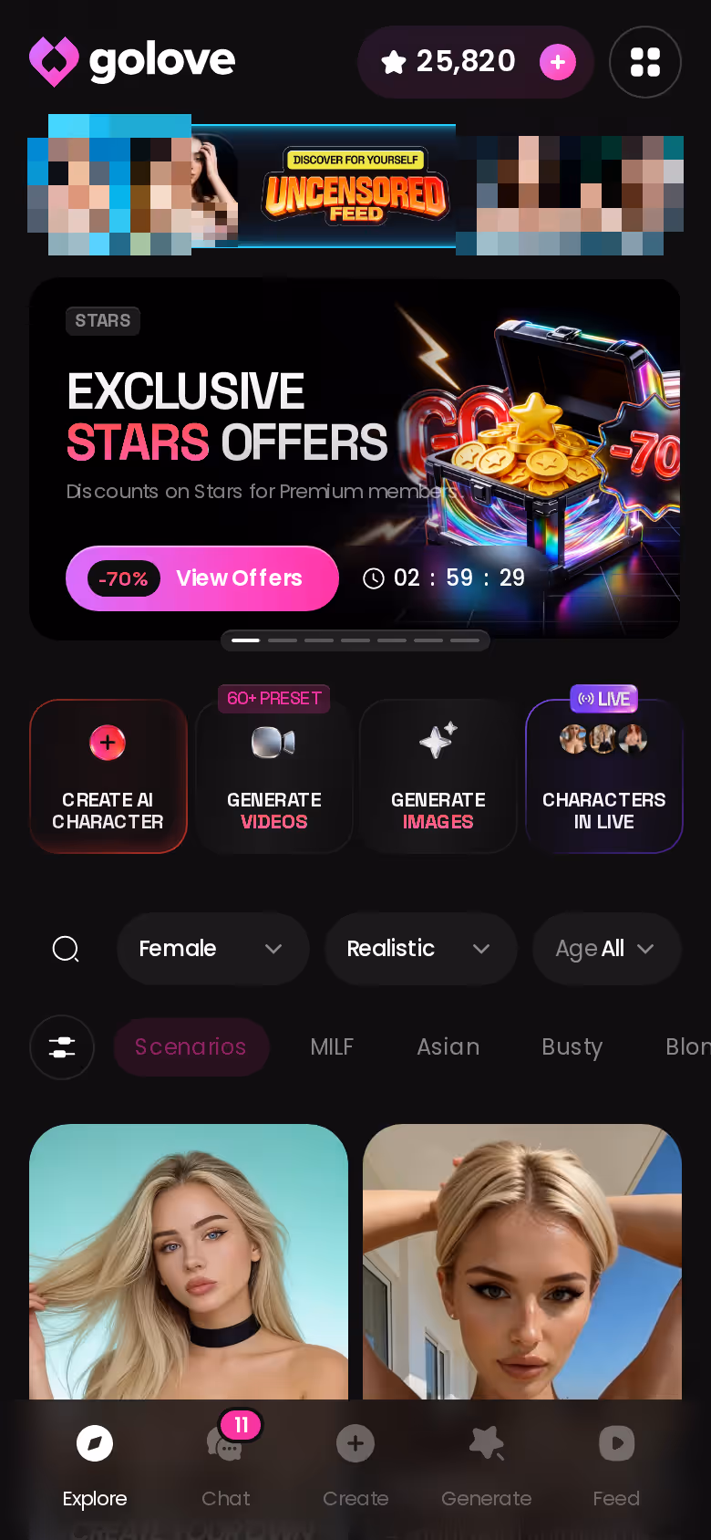 GoLove.ai Explore on mobile with banners, tag chips and the character grid in a browser tab