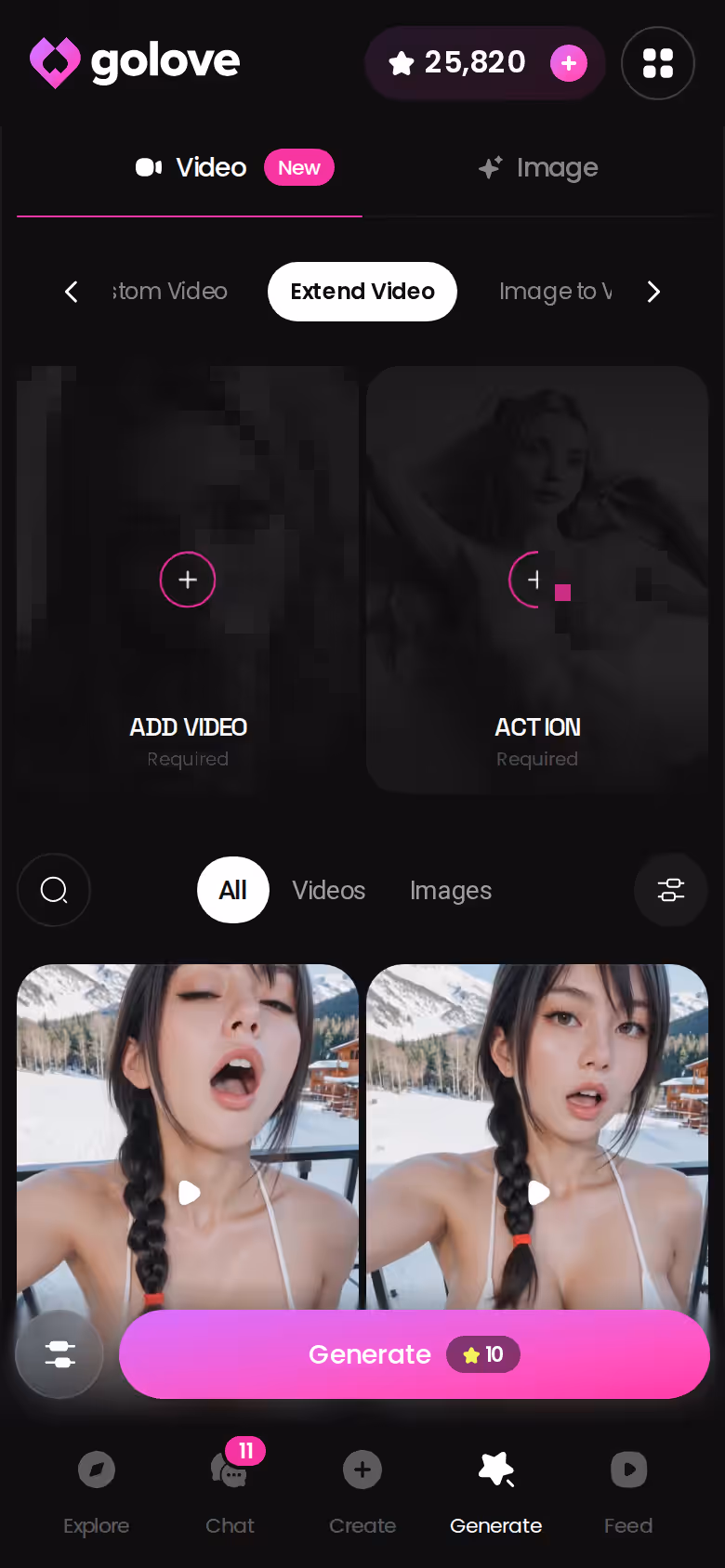 GoLove.ai mobile generator with the Extend Video option on a character clip