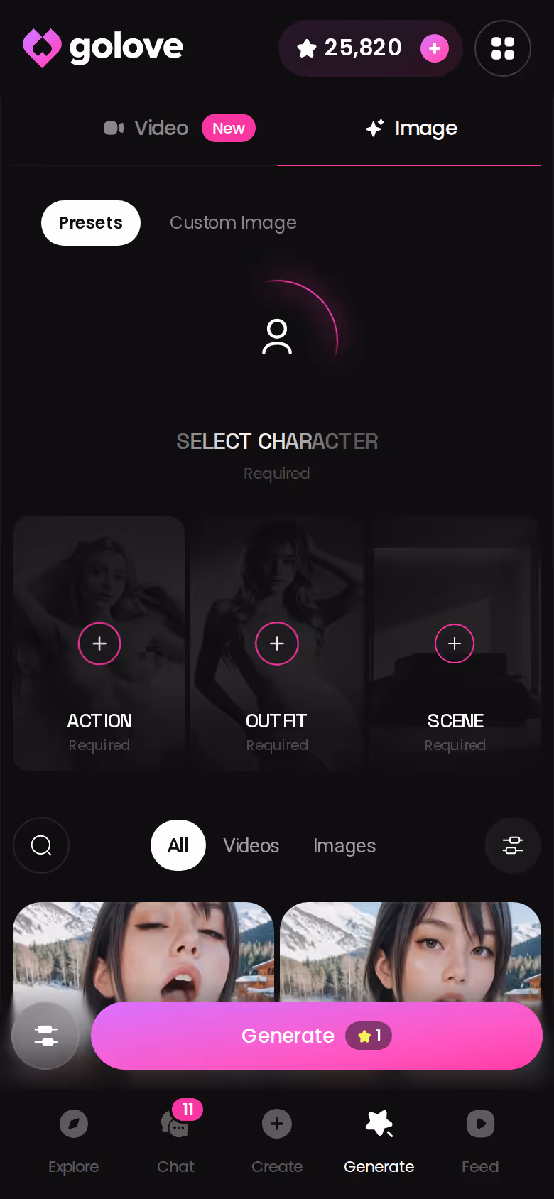 GoLove.ai Image mode in the mobile browser with Generate in the bottom navigation