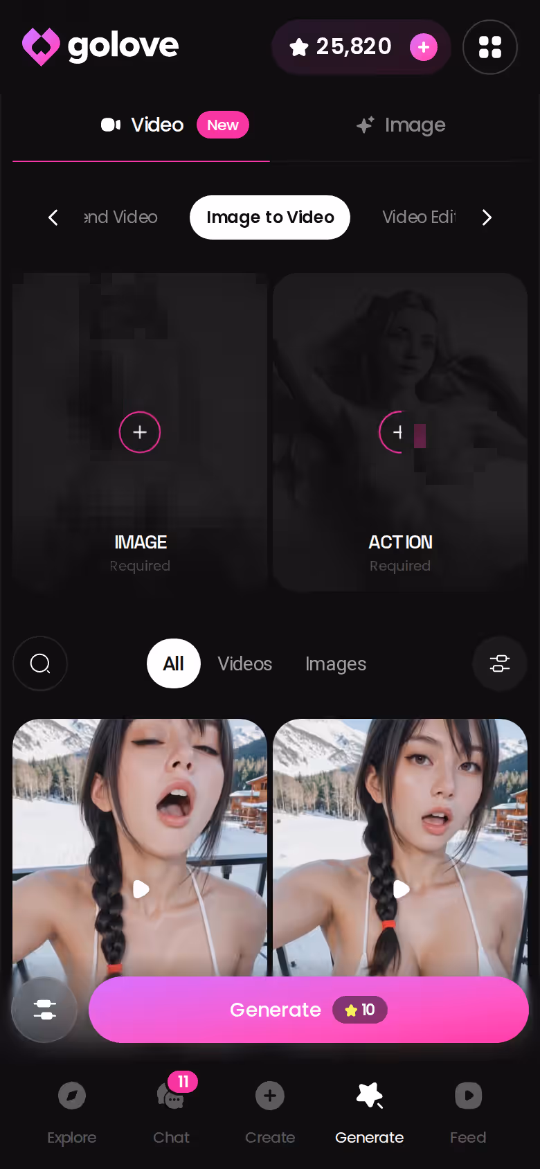 Mobile Image to Video mode in the GoLove.ai generator — nsfw app
